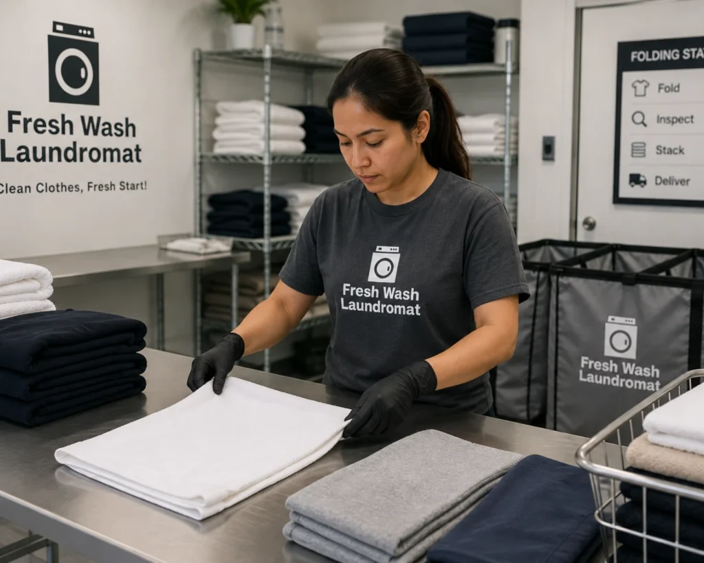 Laundry staff neatly folding freshly cleaned garments at Fresh Wash Laundromat to ensure professional garment care before delivery.