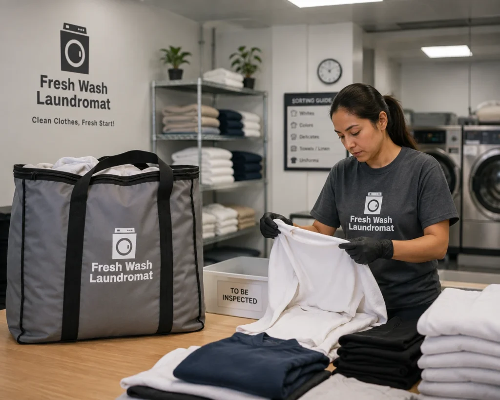 Professional laundry staff sorting and inspecting customer garments at Fresh Wash Laundromat before washing as part of a quality laundry service in Auckland.